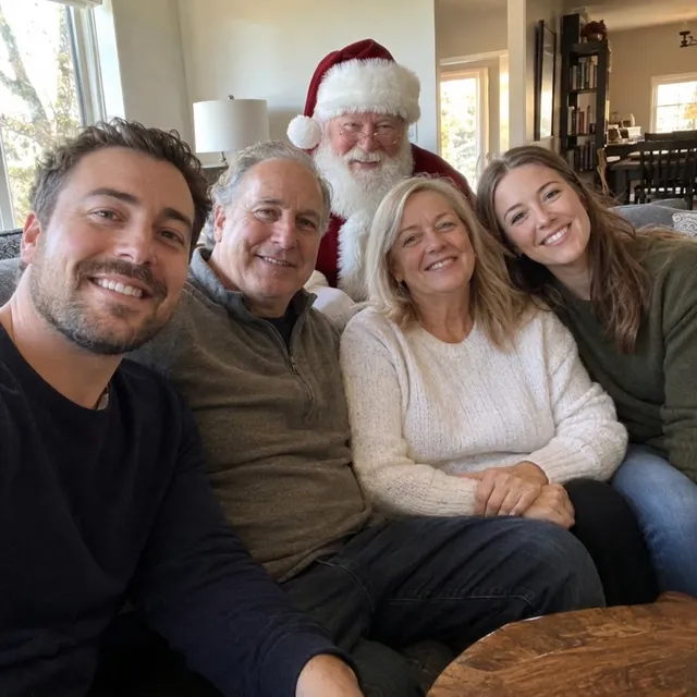 Santa Claus standing behind the sofa with all four family members seated in front