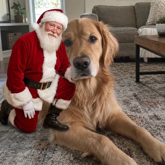 Santa Claus kneeling on the living room rug beside the same golden retriever