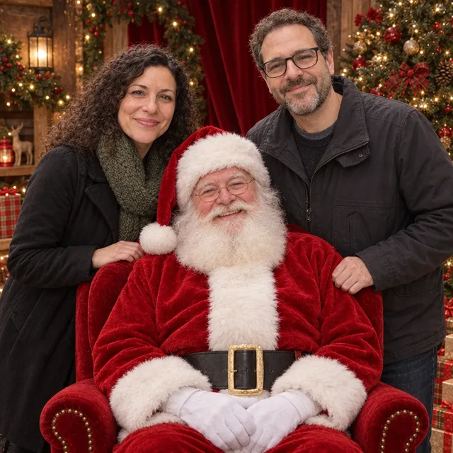 Santa in a red armchair with the same couple standing behind the chair