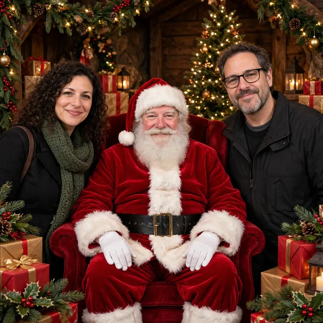 Santa in a red armchair in a decorated grotto with the same couple standing on either side