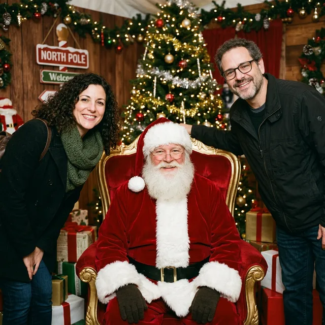 Santa in a gold and red armchair under a North Pole sign with the couple on either side