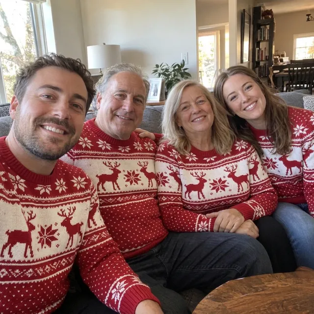 The same four people on the sofa wearing matching red and white reindeer sweaters