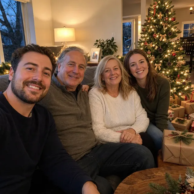 The same four people in front of a large lit Christmas tree with wrapped presents