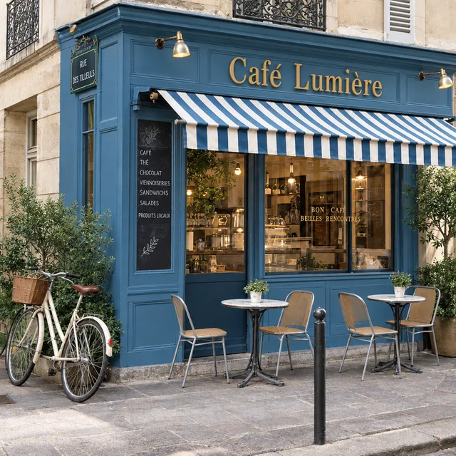 The cafe colorized blue with a blue and white awning and tan chairs