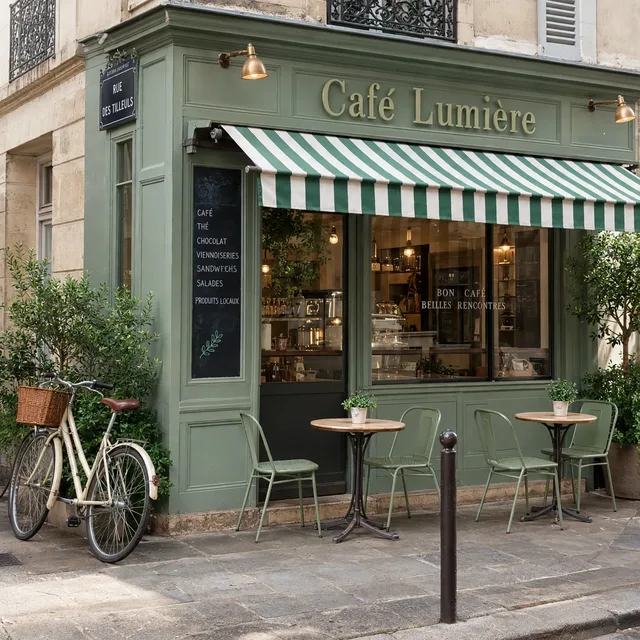 The cafe colorized sage green with a green and white awning