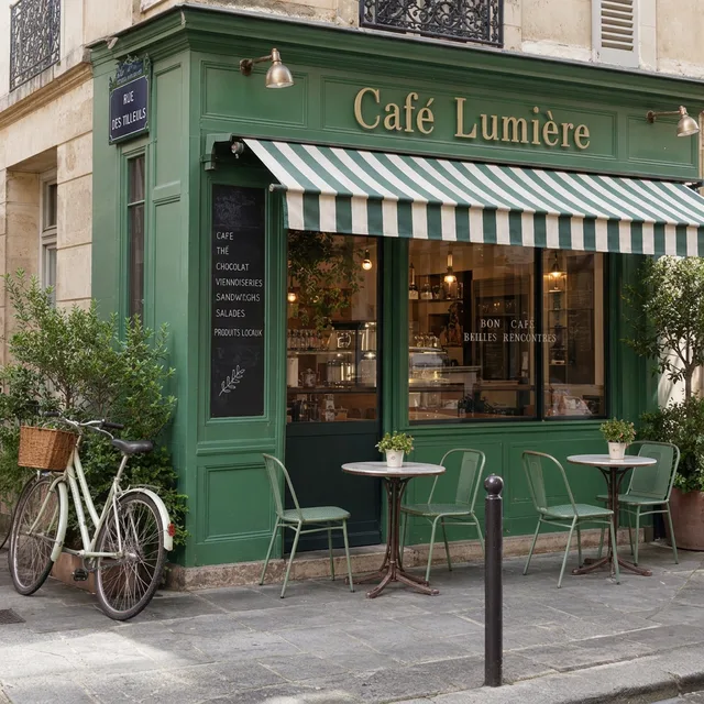 The cafe colorized with a green front, a green and white awning and a cream bicycle
