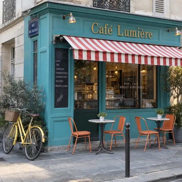 The original color photo: a turquoise cafe front, a red and white striped awning, orange chairs and a yellow bicycle