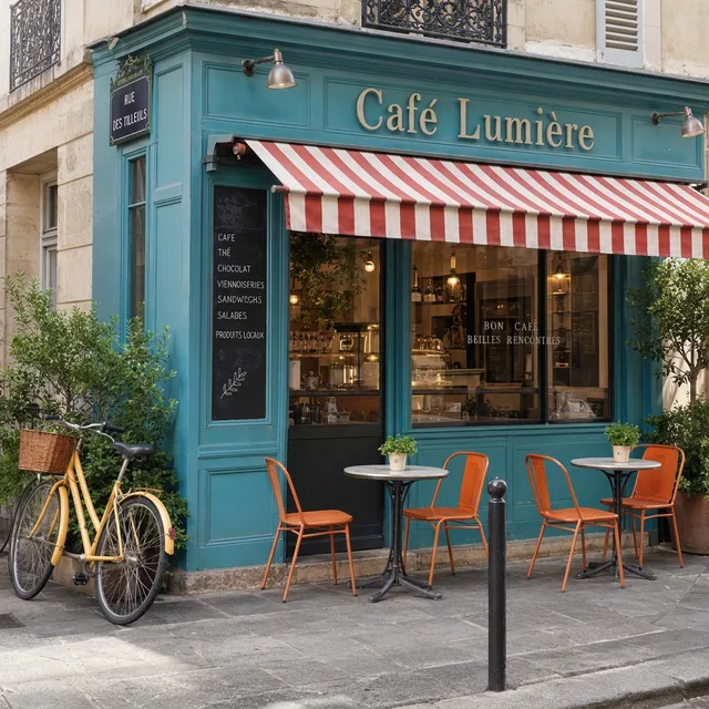 The cafe with a turquoise front, a red and white awning, orange chairs and a yellow bicycle