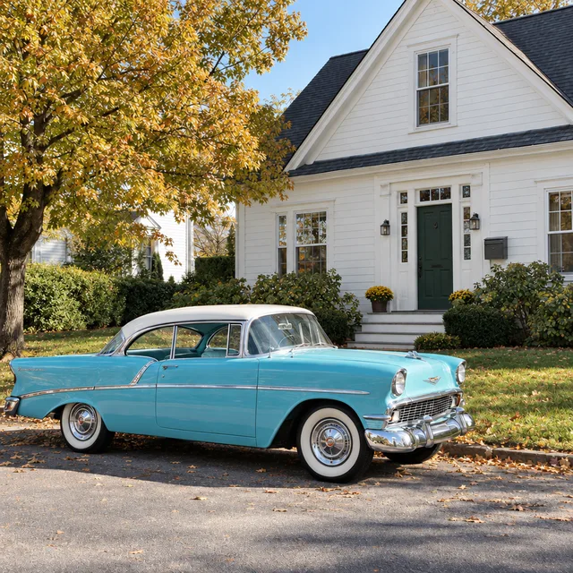 The car colorized bright turquoise with a white roof and a golden tree
