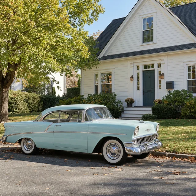 The car colorized light turquoise, with a dark green door and a green tree