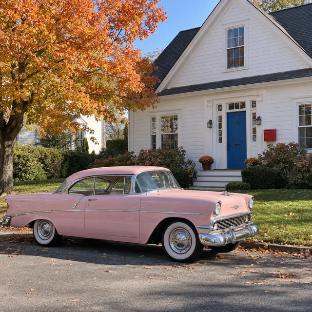 The original color photo: a pastel pink car, a white house with a blue door and a red mailbox, an orange autumn tree