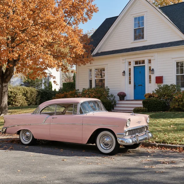 The car colorized pastel pink, with a bright blue door, a red mailbox and an orange tree