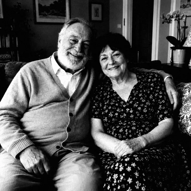 Sepia photo with grain of a fictional older couple on a sofa in a living room