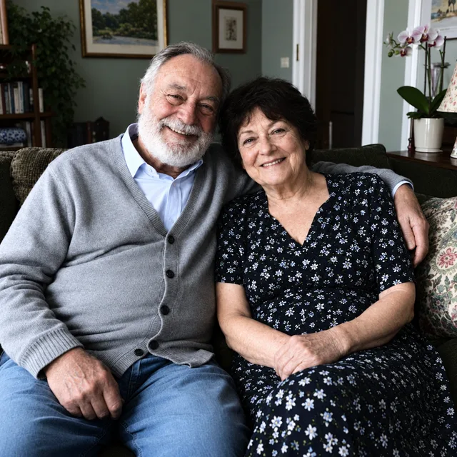 The couple with a gray-blue cardigan and blue jeans