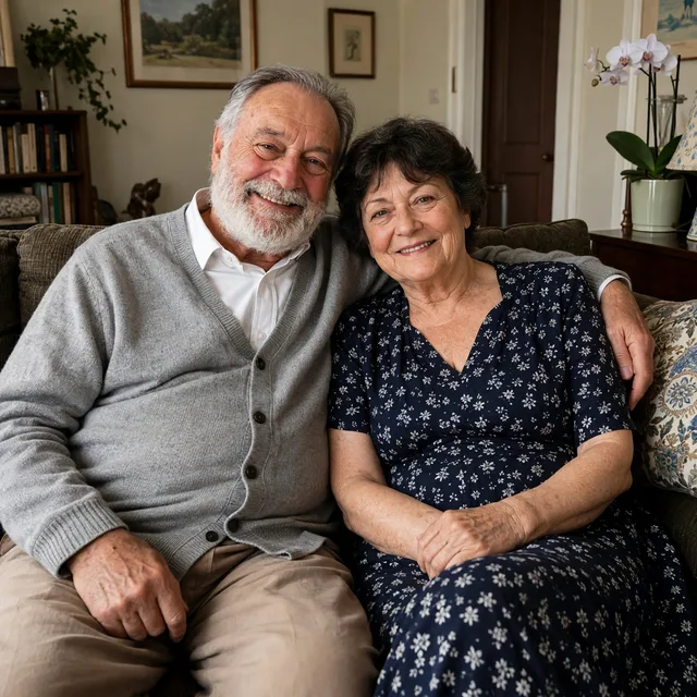 The couple with a gray cardigan and a navy floral dress in a cream room