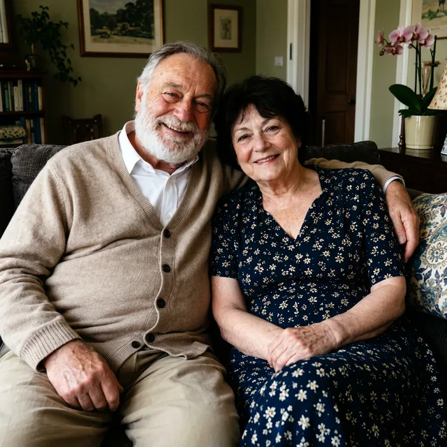 The couple with a beige cardigan and a navy floral dress
