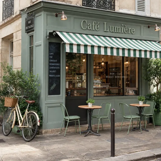 Das Café in Salbeigrün mit grün-weißer Markise
