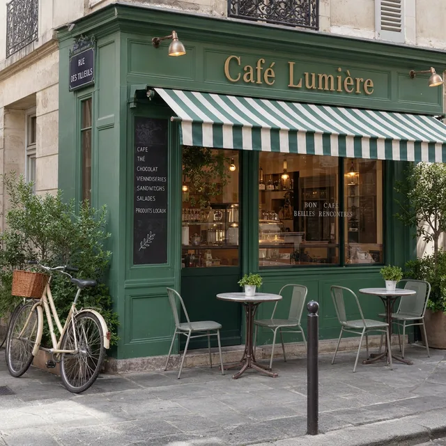 Das Café mit dunkelgrüner Front, grün-weißer Markise und cremefarbenem Fahrrad