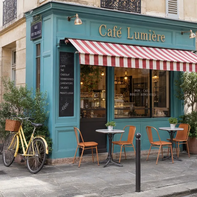 Das Café mit türkiser Front, rot-weißer Markise, orangen Stühlen und gelbem Fahrrad
