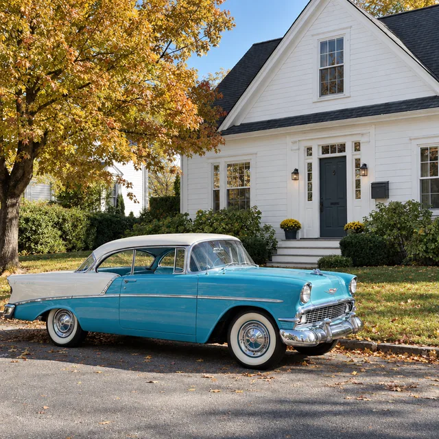 Das Auto leuchtend blau mit cremefarbenem Dach und orangem Baum