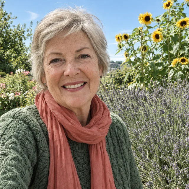 Die Frau mit graugrünem Pullover und altrosa Schal