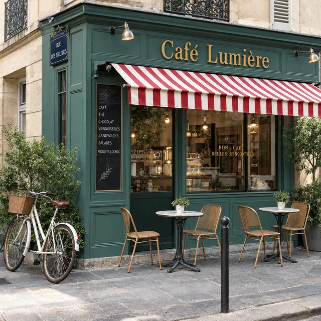 Le café colorisé avec une devanture vert foncé et un store rouge et blanc