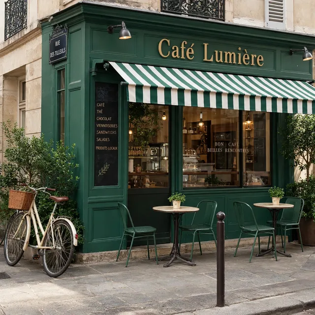 Le café colorisé en vert avec un store vert et blanc et un vélo crème