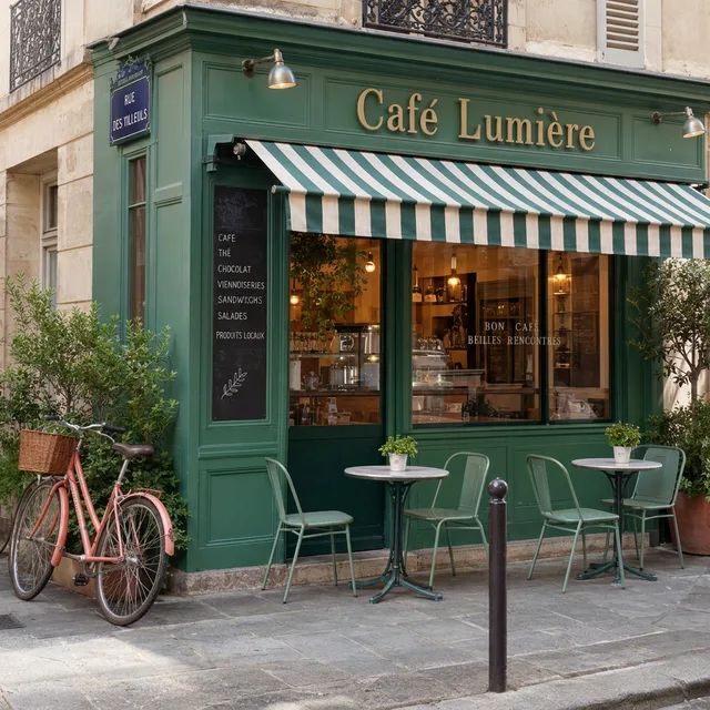 Le café colorisé avec une devanture verte, un store vert et blanc et un vélo rose saumon
