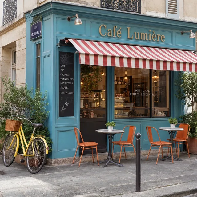 Le café avec une devanture turquoise, un store rouge et blanc, des chaises orange et un vélo jaune
