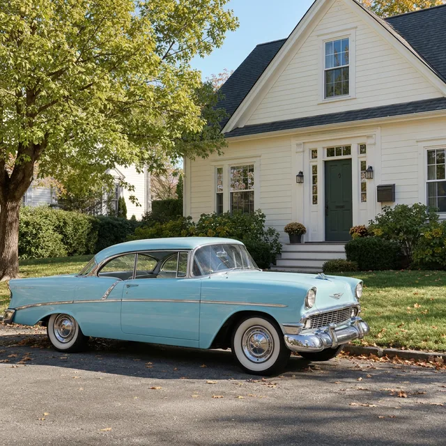 La voiture colorisée en turquoise clair, avec une porte vert foncé et un arbre vert