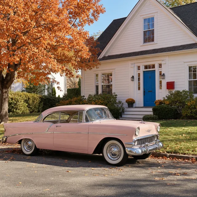 La voiture colorisée en rose pastel, avec une porte bleu vif, une boîte aux lettres rouge et un arbre orange