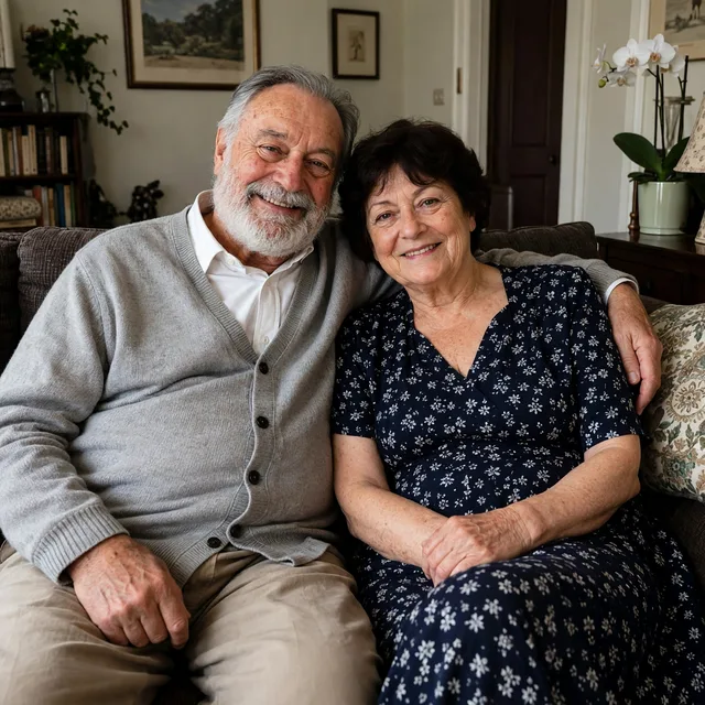 Le couple avec un gilet gris et une robe bleu marine à fleurs