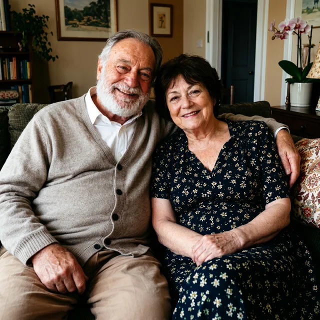 Le couple avec un gilet beige et une robe bleu marine à fleurs