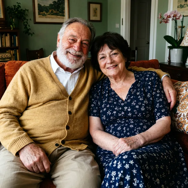 Le couple avec un gilet moutarde, une robe bleu marine, un canapé orange et un papier peint vert