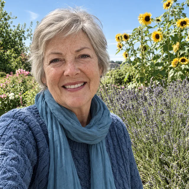 La femme avec un pull bleu et une écharpe bleue