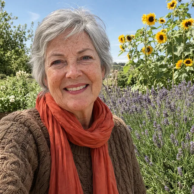 La femme avec un pull marron et une écharpe rouge orangé