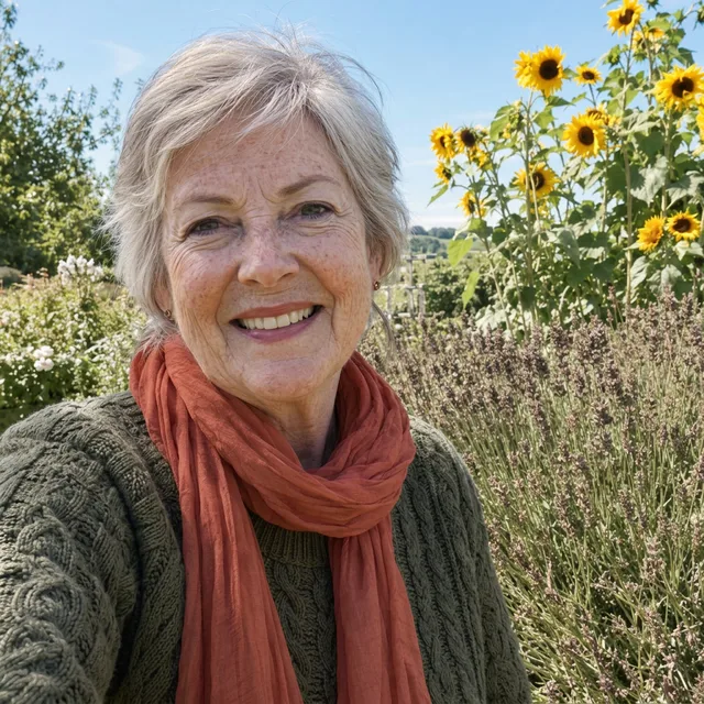 La femme avec un pull olive et une écharpe rouge