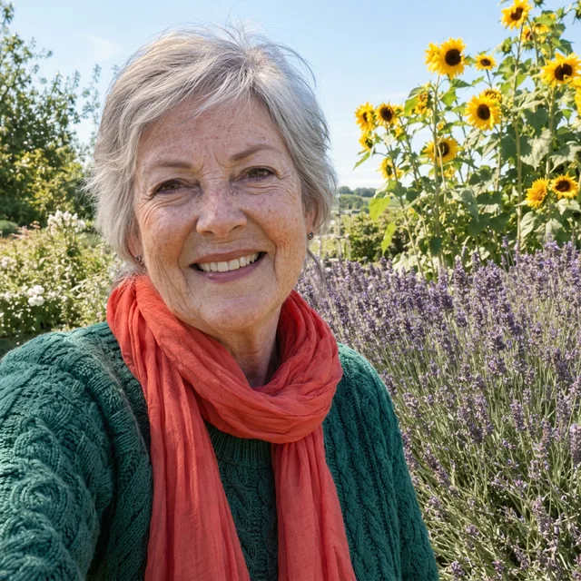 La femme avec un pull vert émeraude et une écharpe rouge corail