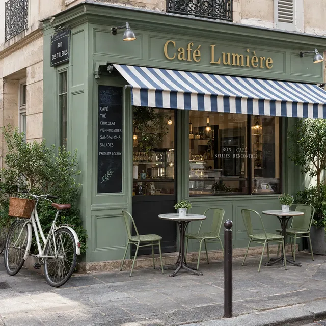 Il caffè con la facciata verde salvia e la tenda blu e bianca