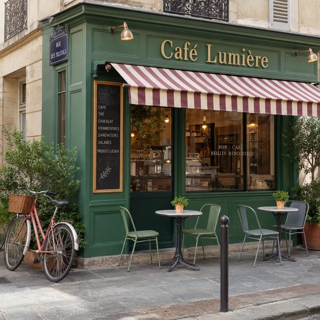 Il caffè con la facciata verde scuro, la tenda rosa antico e crema e la bicicletta rosa salmone