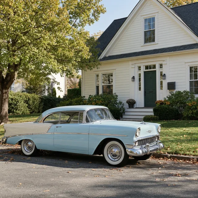 L’auto colorata di azzurro, con la porta verde scuro e l’albero verde