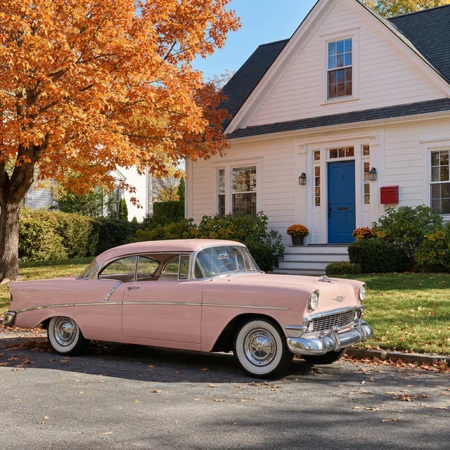 L’auto colorata di rosa pastello, con la porta blu, la cassetta rossa e l’albero arancione