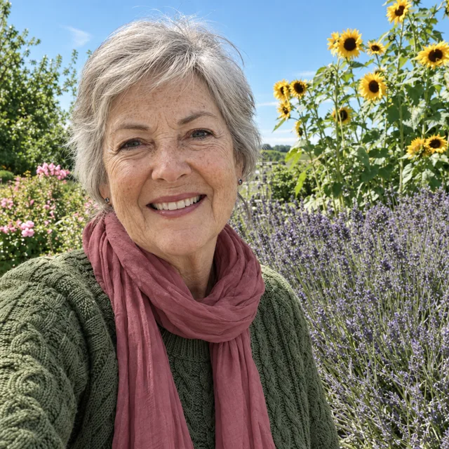 La donna con un maglione verde oliva scuro e una sciarpa rosa antico