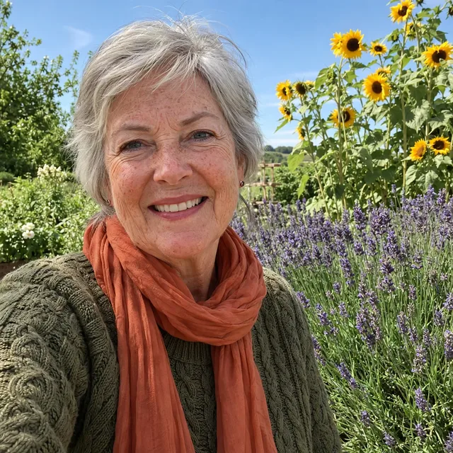La donna con un maglione verde oliva e una sciarpa arancione
