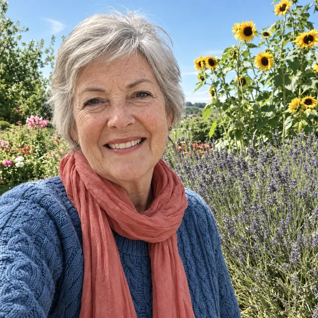 The woman with a blue sweater and a coral scarf