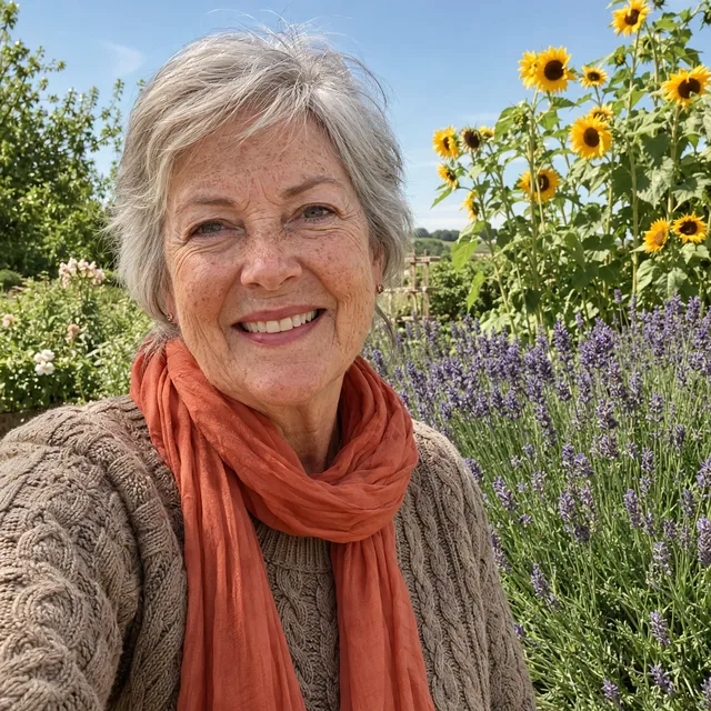 The woman with a beige sweater and an orange scarf