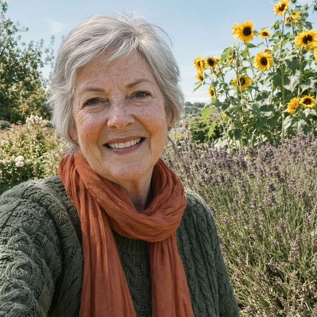 The woman with a dark olive sweater and an orange scarf