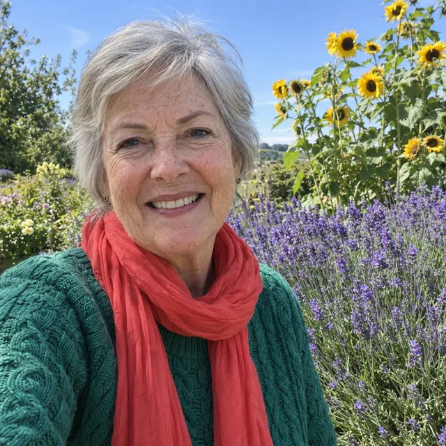 The original color photo: an emerald green sweater, a coral red scarf, purple lavender and yellow sunflowers