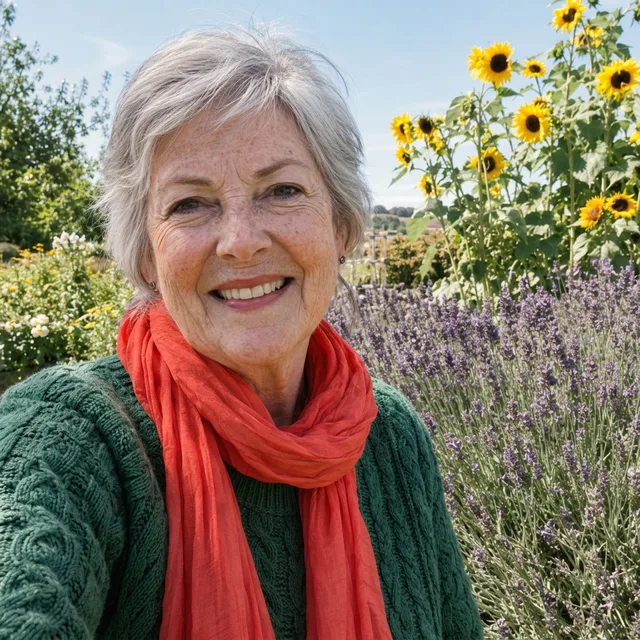 The woman with an emerald green sweater and a coral red scarf