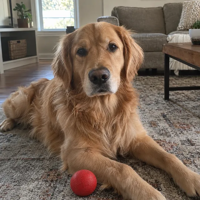 GPT Image 2.5 result: Ball in front of the paws; framing and dog kept.